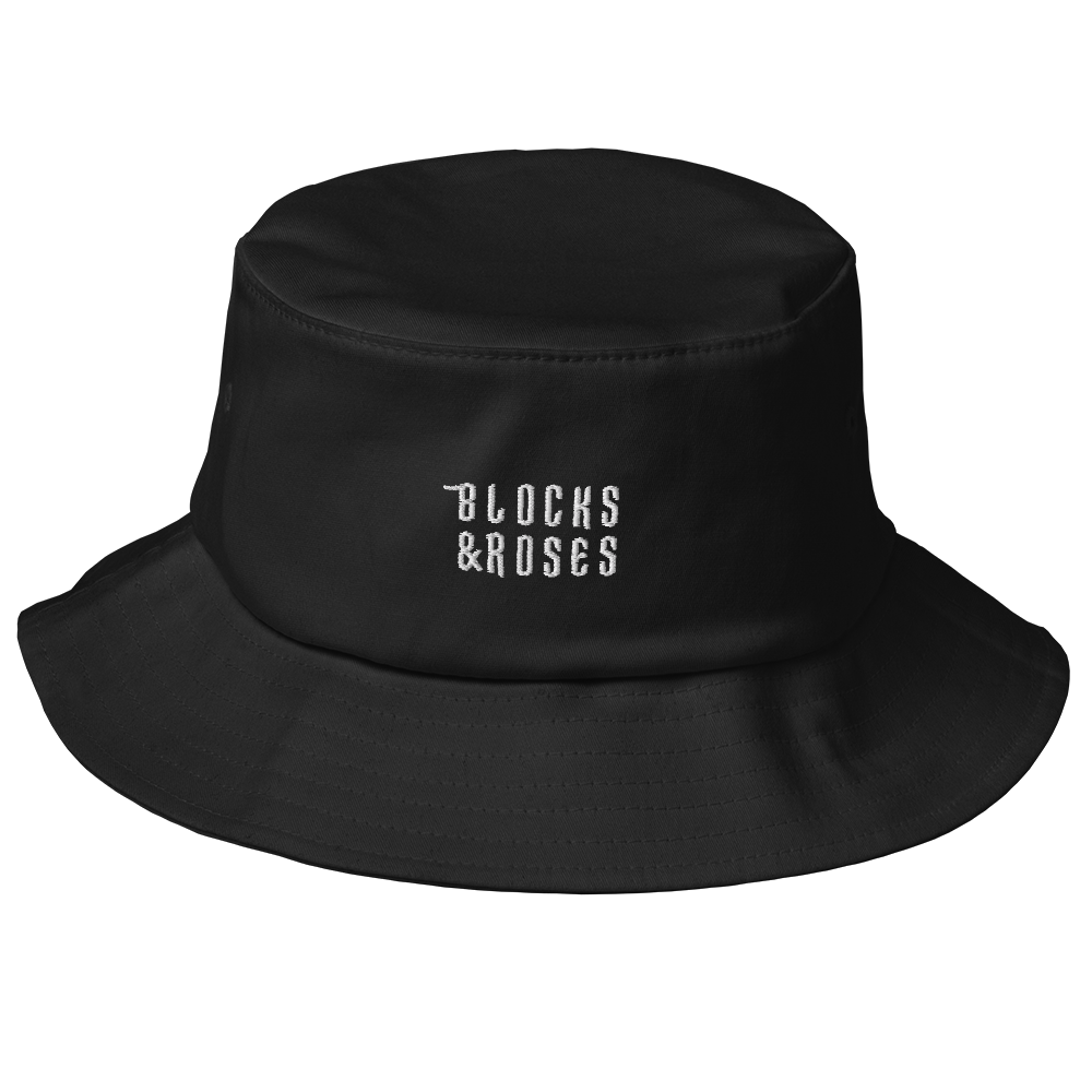 Black Bucket Hat with Blocks & Roses Text Embroidered in White