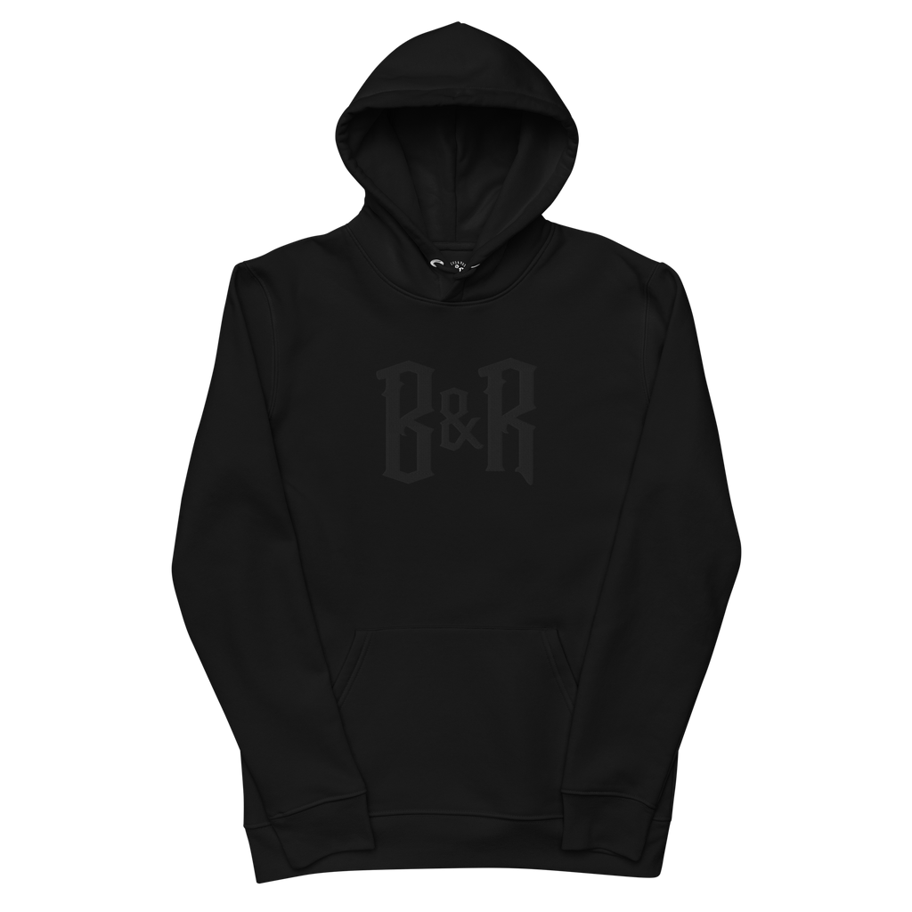 Black Unisex Streetwear Hoodie with B&R Large Embroidered Logo in Black, Cotton & Polyester