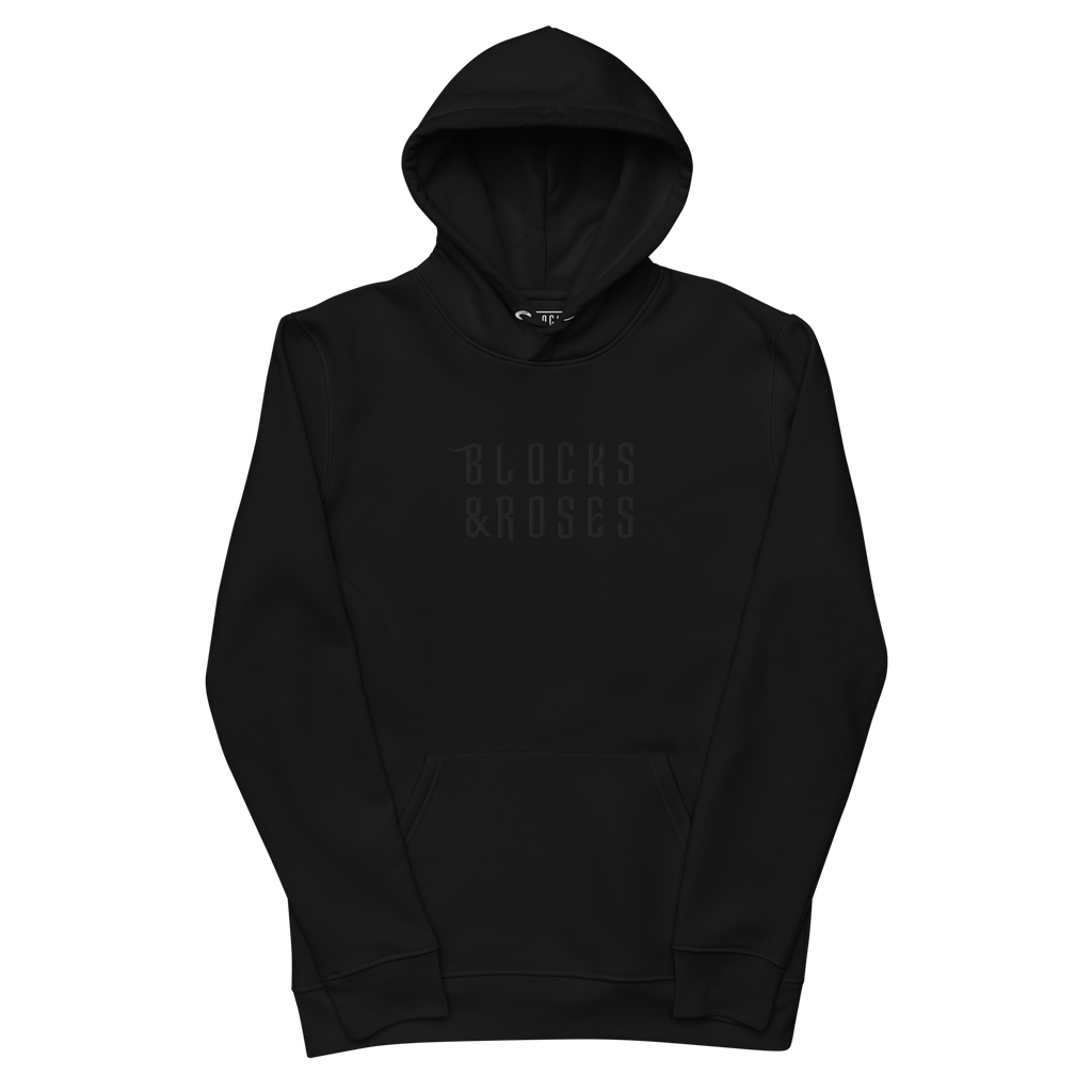 Black Unisex Streetwear Hoodie with Blocks & Roses Large Embroidered Logo in Black, Cotton & Polyester
