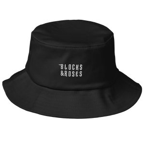 Black Bucket Hat with Blocks & Roses Text Embroidered in White